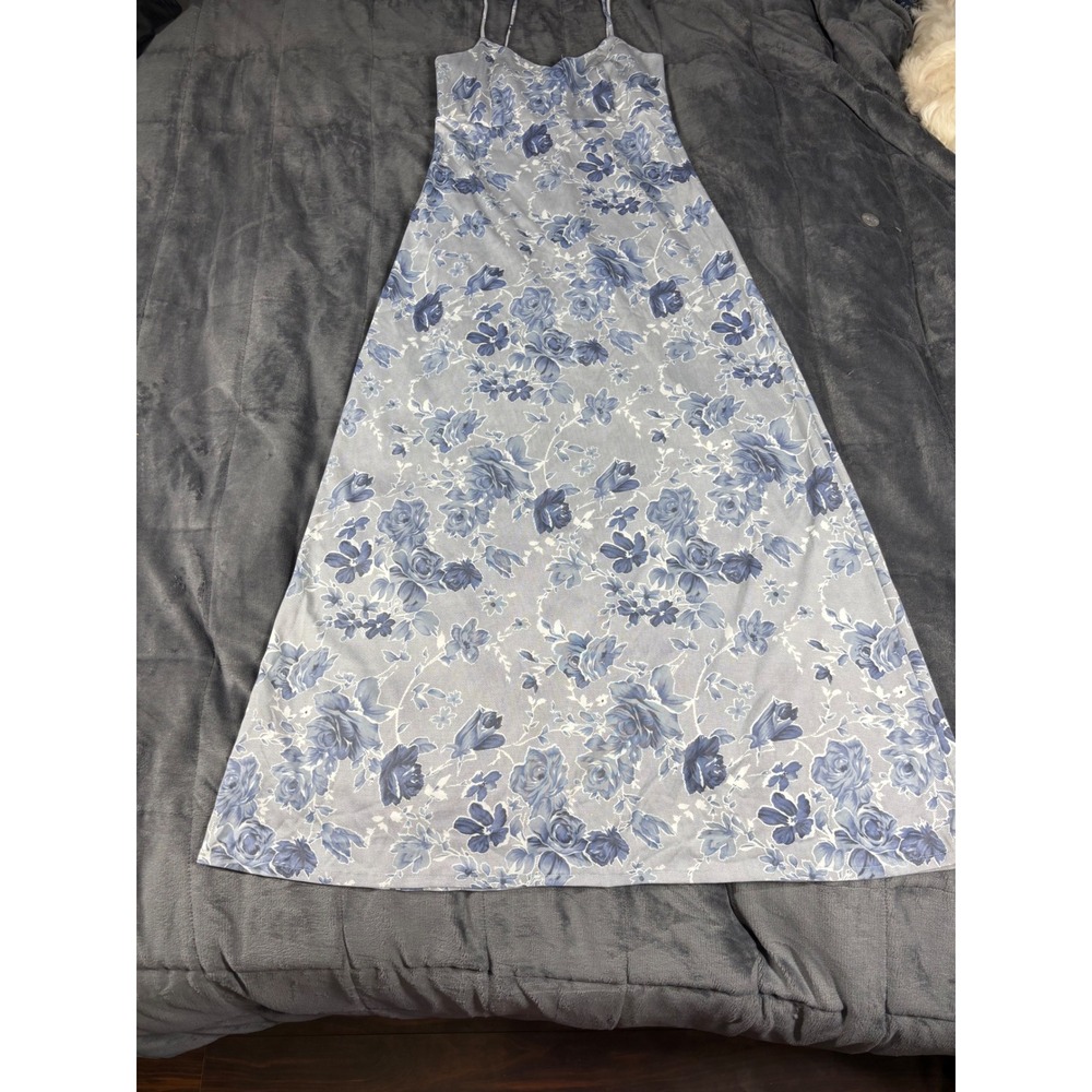Vintage Forever 21 Blue Floral Rose Pointelle Mesh Maxi Dress Spaghetti Strap